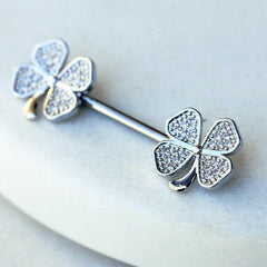 Stainless Steel Jeweled Glitzy Clover Leaf Nipple Bar - Impulse Piercings