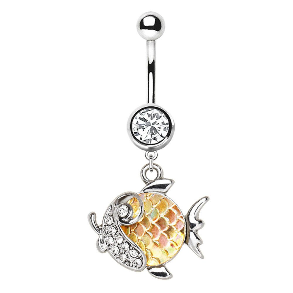 Stainless Steel Jeweled Gold Fish Dangle Navel Ring.