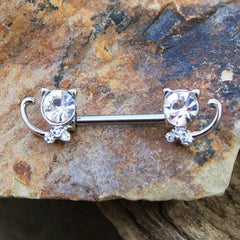 Stainless Steel Jeweled Kitty Cat Nipple Bar - Impulse Piercings