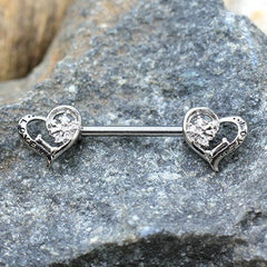 Stainless Steel Jeweled Lovely Heart Nipple Bar - Impulse Piercings