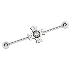 Stainless Steel Jeweled Medieval Cross Industrial Barbell.