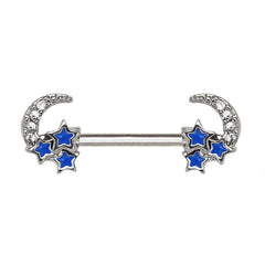 Stainless Steel Jeweled Moon and Star Nipple Bar.