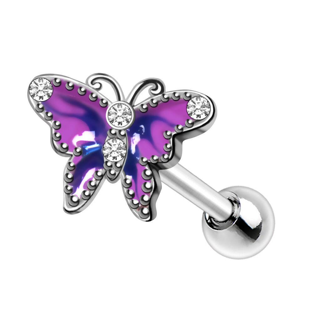 Stainless Steel Jeweled Purple Butterfly Cartilage Earring