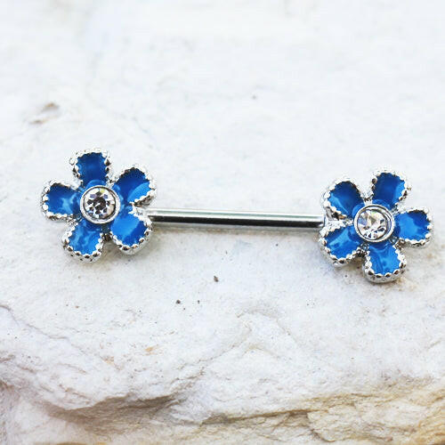 Stainless Steel Jeweled Teal Blue Flower Nipple Bar - Impulse Piercings