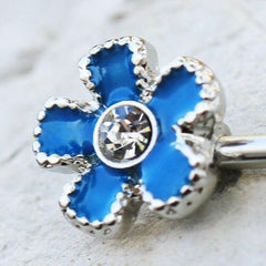 Stainless Steel Jeweled Teal Blue Flower Nipple Bar - Impulse Piercings