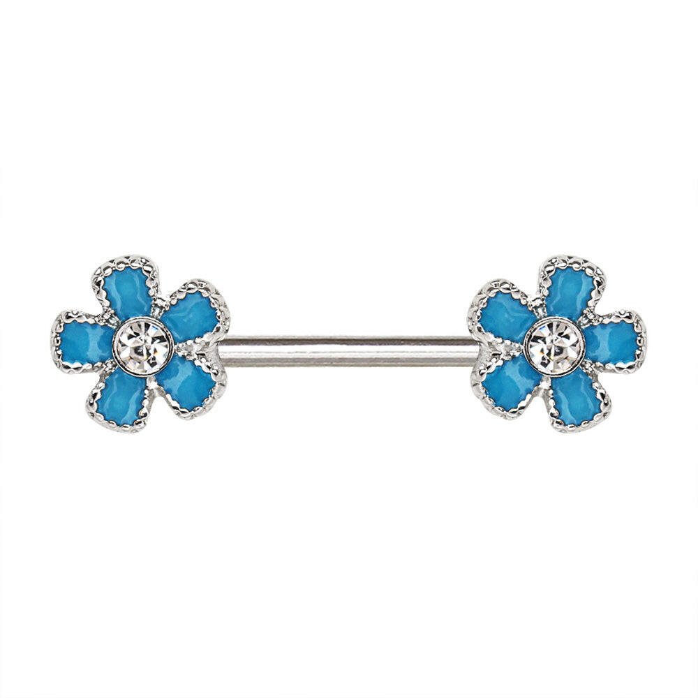 Stainless Steel Jeweled Teal Blue Flower Nipple Bar.