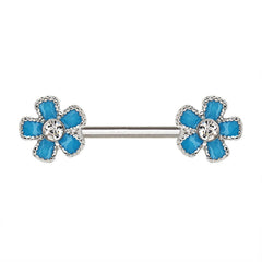 Stainless Steel Jeweled Teal Blue Flower Nipple Bar.