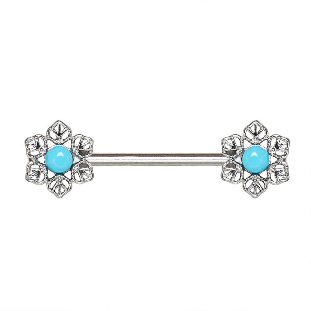 Stainless Steel Light Blue Flower Nipple Bar.