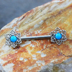 Stainless Steel Light Blue Flower Nipple Bar - Impulse Piercings