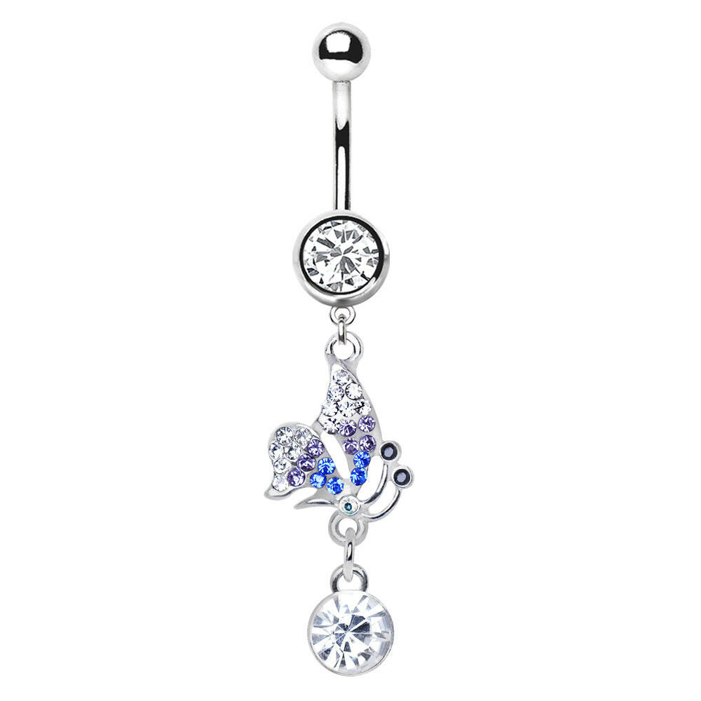 Stainless Steel Multihued Butterfly Dangle Navel Ring.