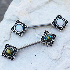 Stainless Steel Mystical Flower Nipple Bar with Synthetic Opal - Impulse Piercings