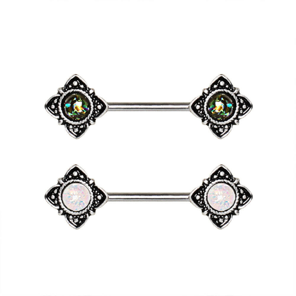 Stainless Steel Mystical Flower Nipple Bar with Synthetic Opal.