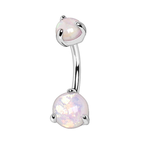 Stainless Steel Navel Ring with Prong Set White Synthetic Opal.