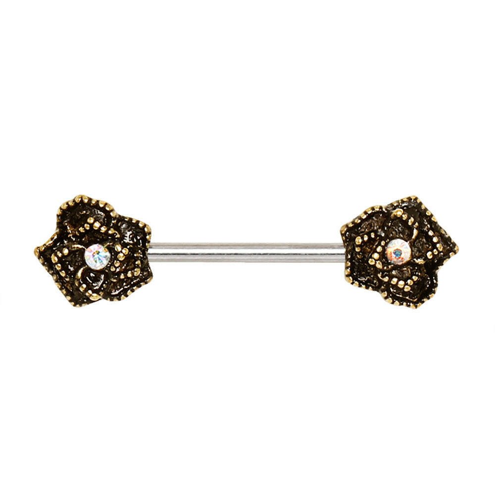 Stainless Steel Nipple Bar with Antique Gold Plated Flower.