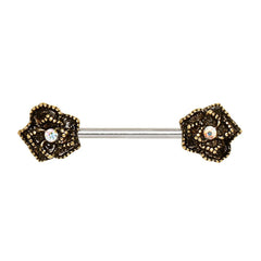 Stainless Steel Nipple Bar with Antique Gold Plated Flower.