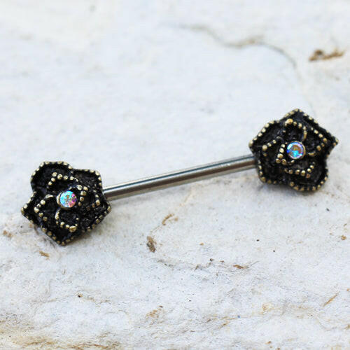 Stainless Steel Nipple Bar with Antique Gold Plated Flower - Impulse Piercings