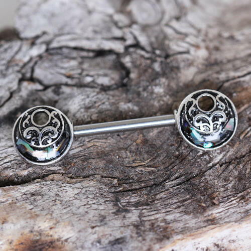 Stainless Steel Ornate Abalone Shield Nipple Bar - Impulse Piercings