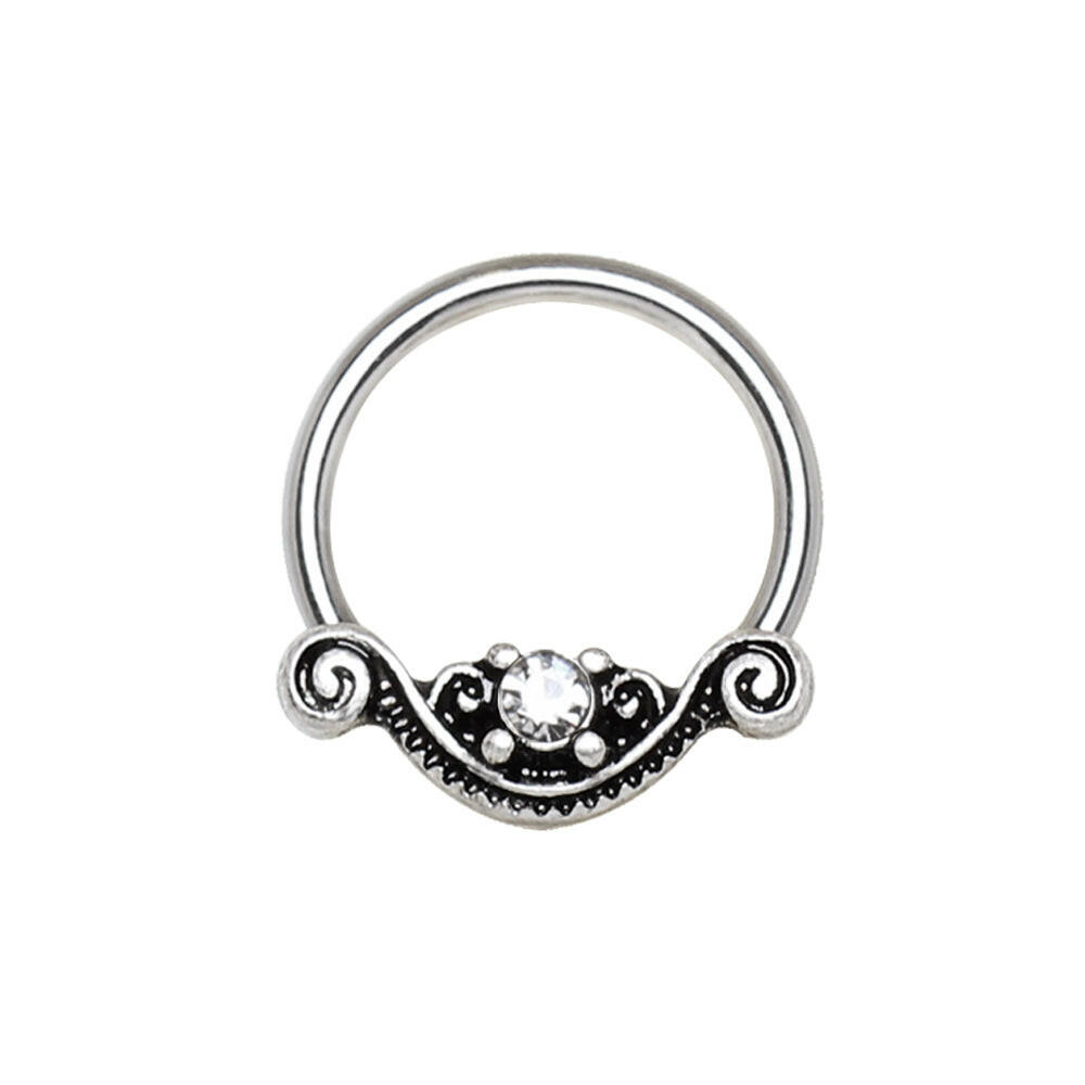 Stainless Steel Ornate Design Snap-in Captive Bead Ring / Septum Ring.