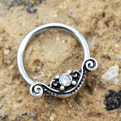 Stainless Steel Ornate Design Snap-in Captive Bead Ring / Septum Ring - Impulse Piercings