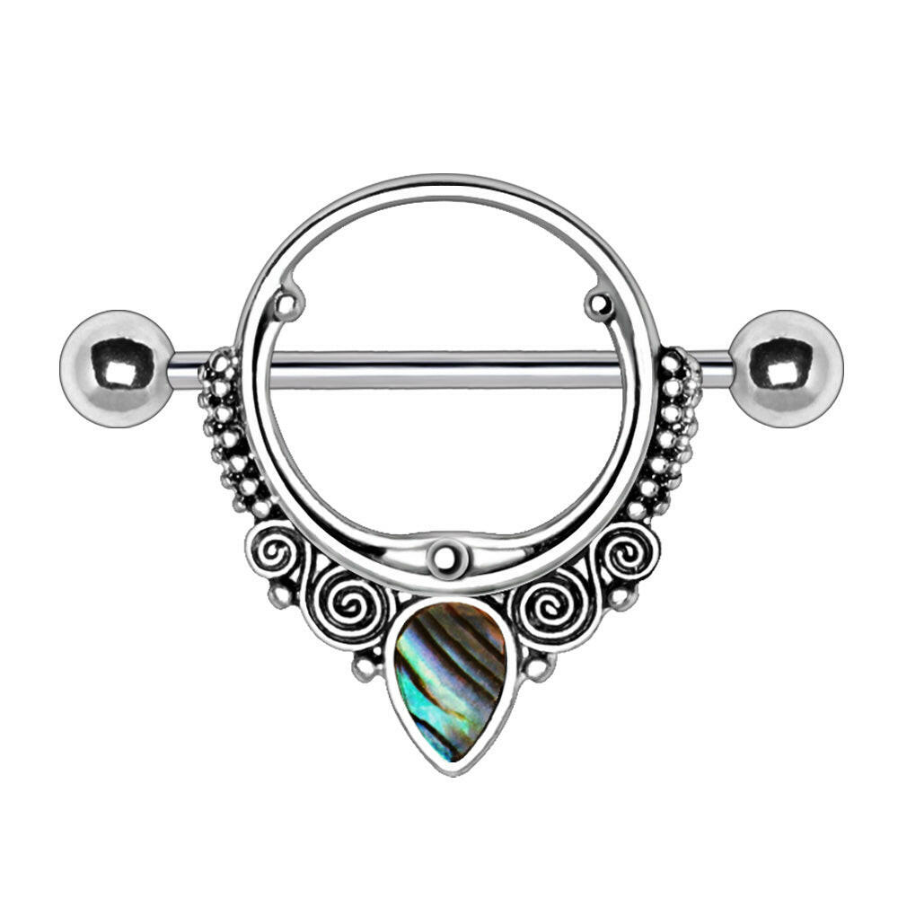 Stainless Steel Ornate Nipple Shield with Tear Drop Abalone.