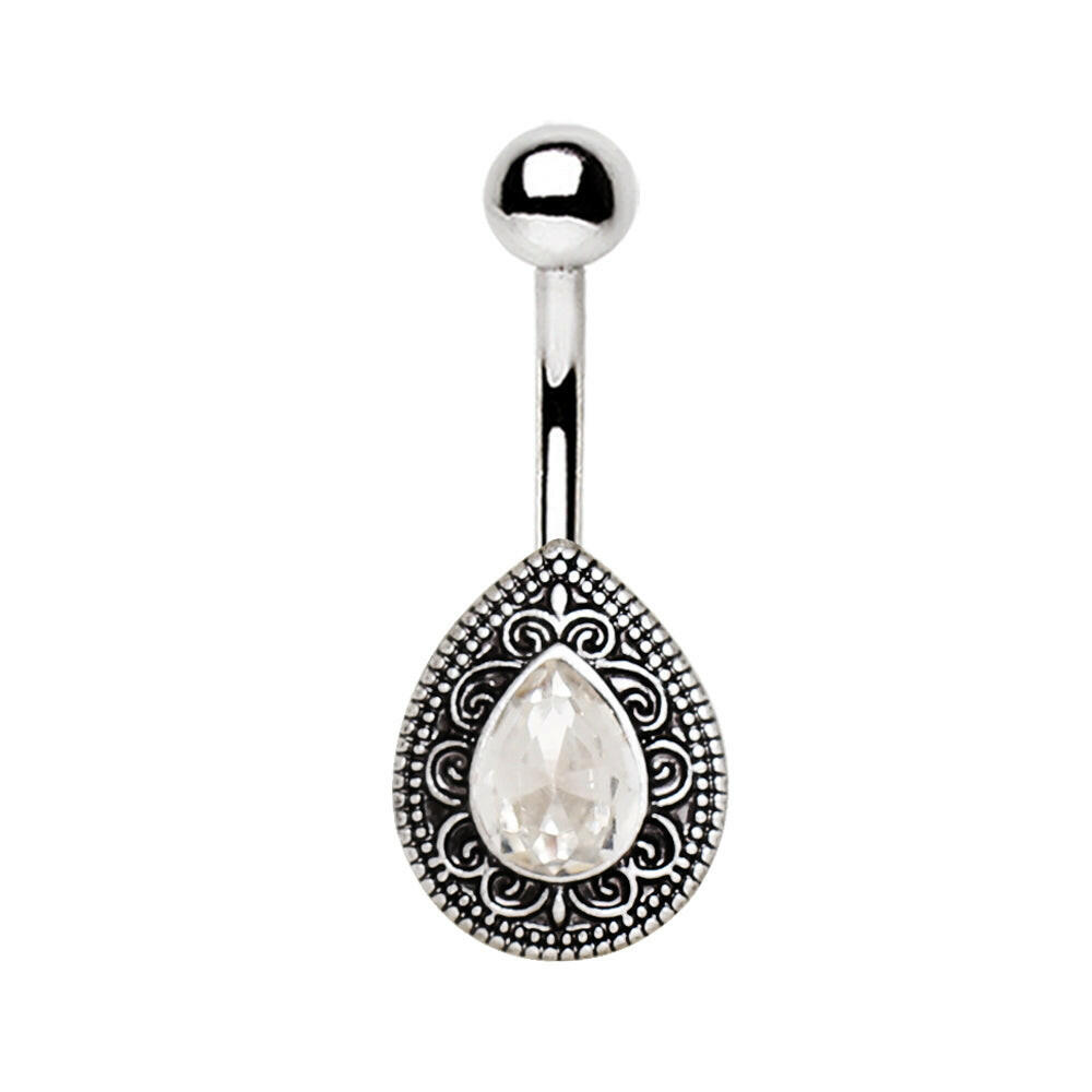 Stainless Steel Ornate Teardrop Navel Ring.