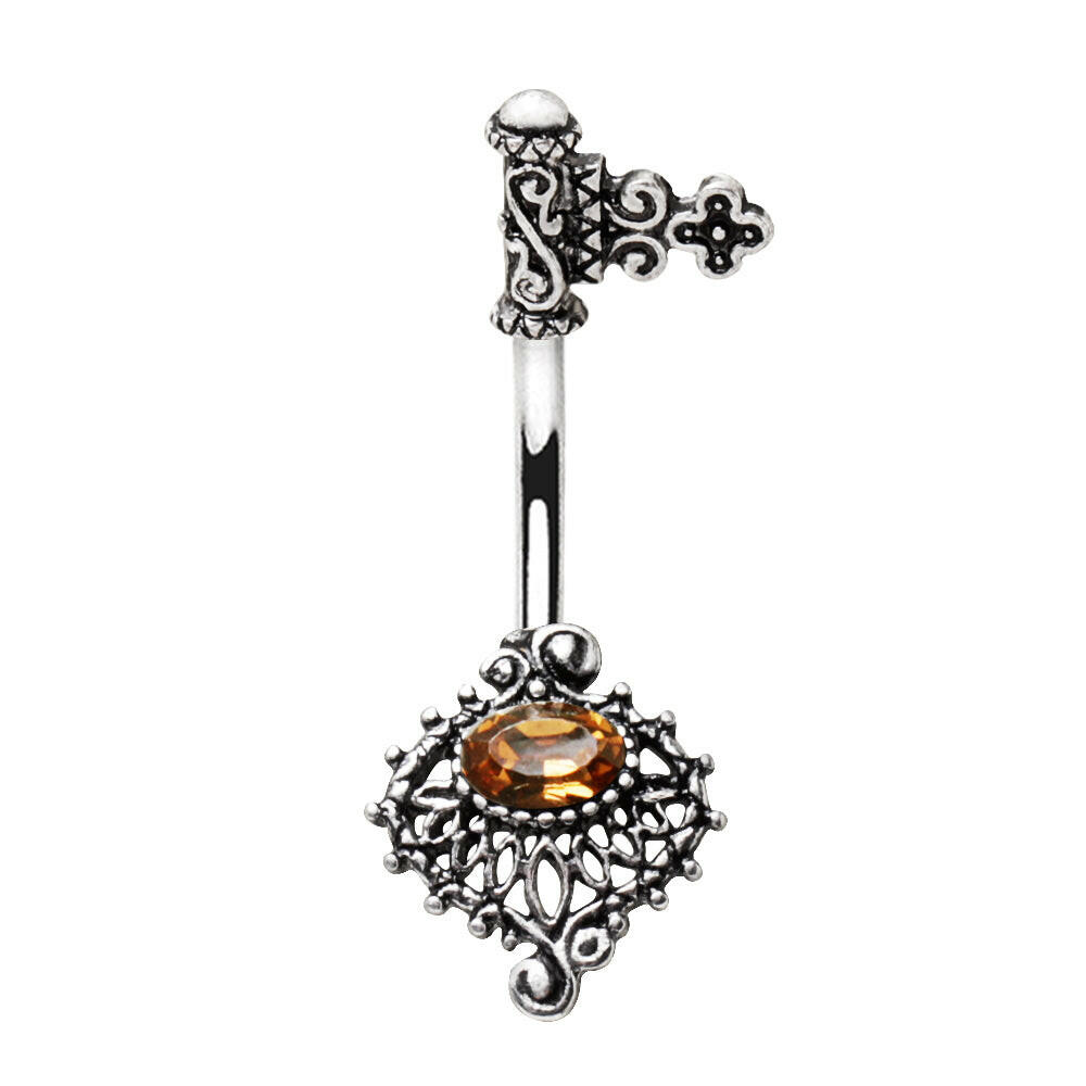 Stainless Steel Ornate Topaz Antique Skeleton Key Navel Ring.