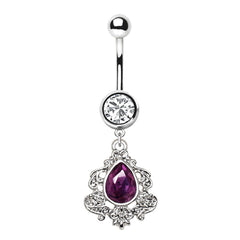 Stainless Steel Ornate Victorian Purple Tear Drop Dangle Navel Ring.