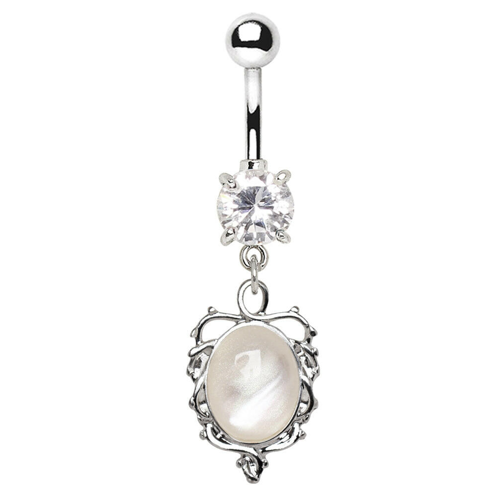 Stainless Steel Ornate White Cat's Eye Dangle Navel Ring.