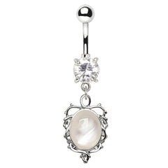 Stainless Steel Ornate White Cat's Eye Dangle Navel Ring.