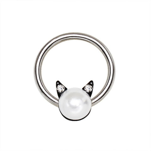 Stainless Steel Pearl Cat Snap-in Captive Bead Ring / Septum Ring.