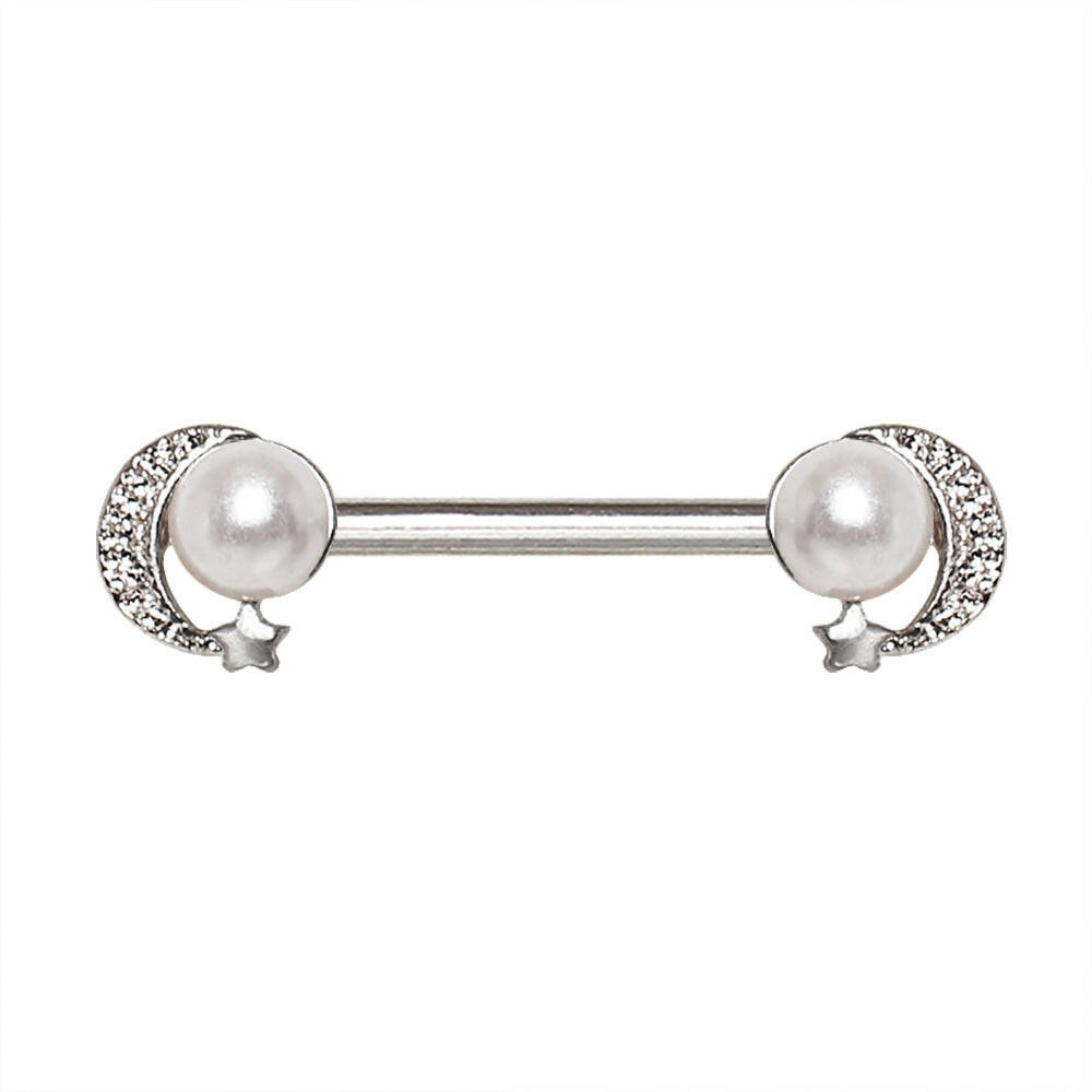 Stainless Steel Pearl Moon and Star Nipple Bar.