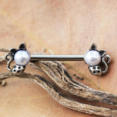 Stainless Steel Pearl Spotted Cat Nipple Bar - Impulse Piercings