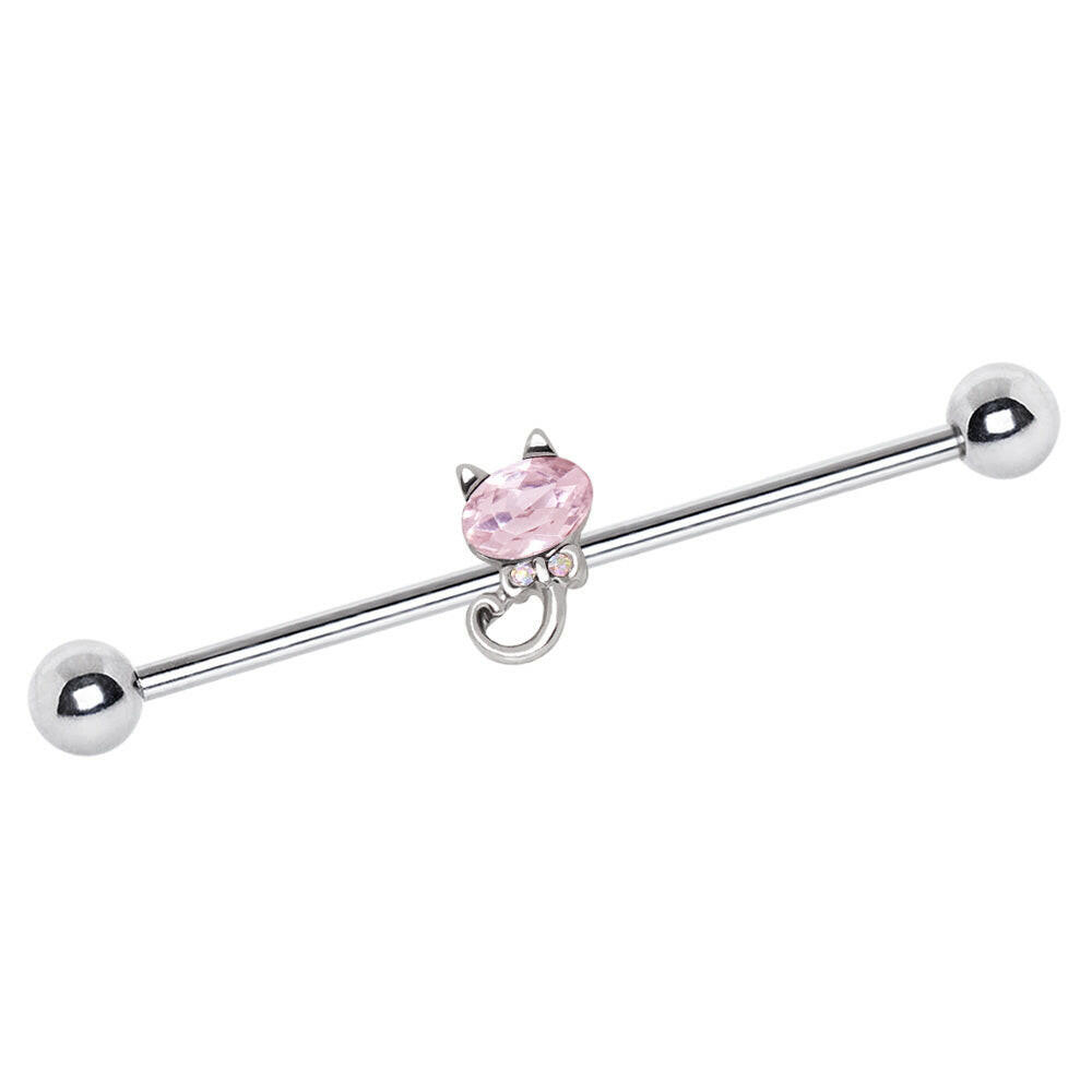 Stainless Steel Pink Bow Tie Cat Industrial Barbell.