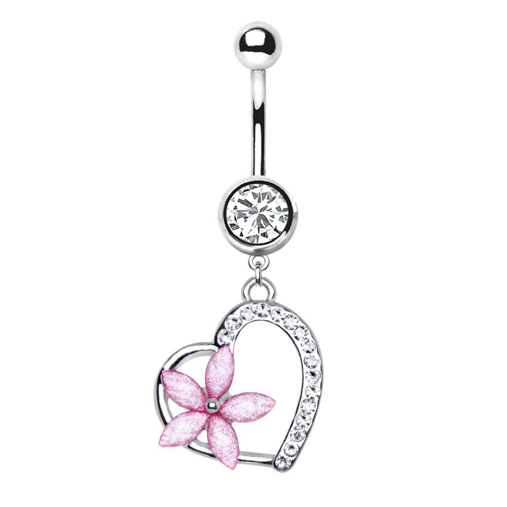 Stainless Steel Pink Flower on a Heart Dangle Navel Ring.