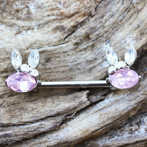 Stainless Steel Pink Gemmed Rabbit Nipple Bar - Impulse Piercings