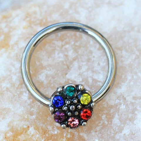 Stainless Steel Rainbow Flower Snap-in Captive Bead Ring / Septum Ring - Impulse Piercings