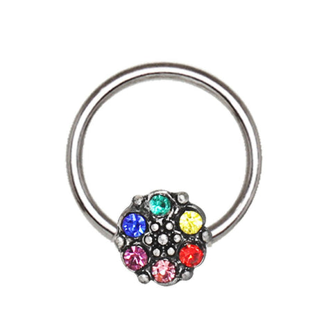 Stainless Steel Rainbow Flower Snap-in Captive Bead Ring / Septum Ring.