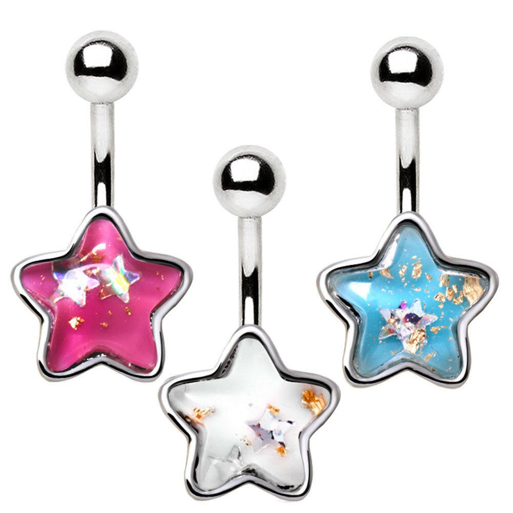 Stainless Steel Rainbow Glitter Star Navel Ring.