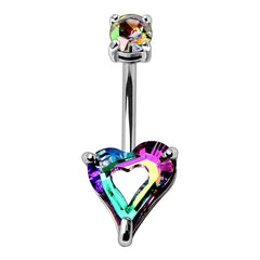 Stainless Steel Rainbow Hollow Heart CZ Navel Ring.