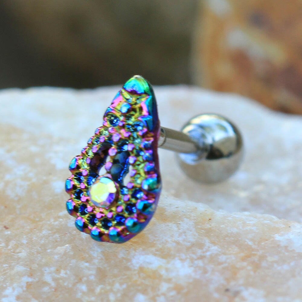 Stainless Steel Rainbow PVD Plated Teardrop Cartilage Earring - Impulse Piercings