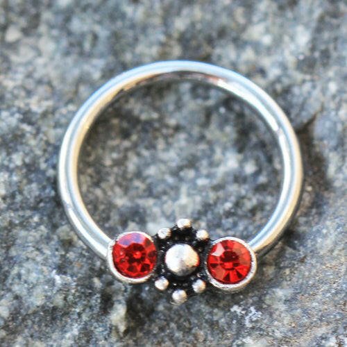 Stainless Steel Red Jeweled Ornate Snap-in Captive Bead Ring / Septum Ring - Impulse Piercings