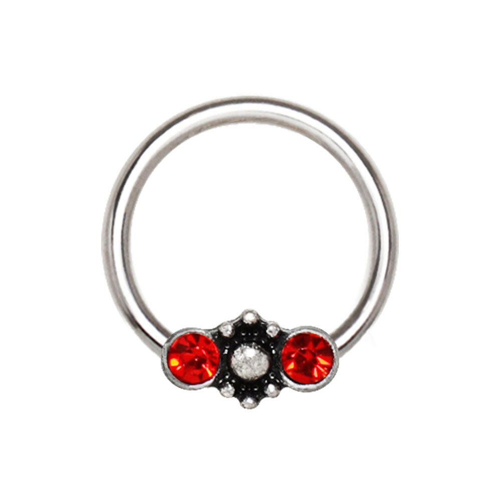 Stainless Steel Red Jeweled Ornate Snap-in Captive Bead Ring / Septum Ring.