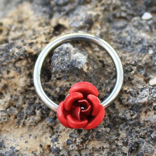 Stainless Steel Red Rose Snap-in Captive Bead Ring / Septum Ring - Impulse Piercings