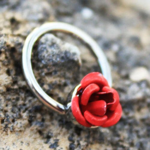 Stainless Steel Red Rose Snap-in Captive Bead Ring / Septum Ring - Impulse Piercings