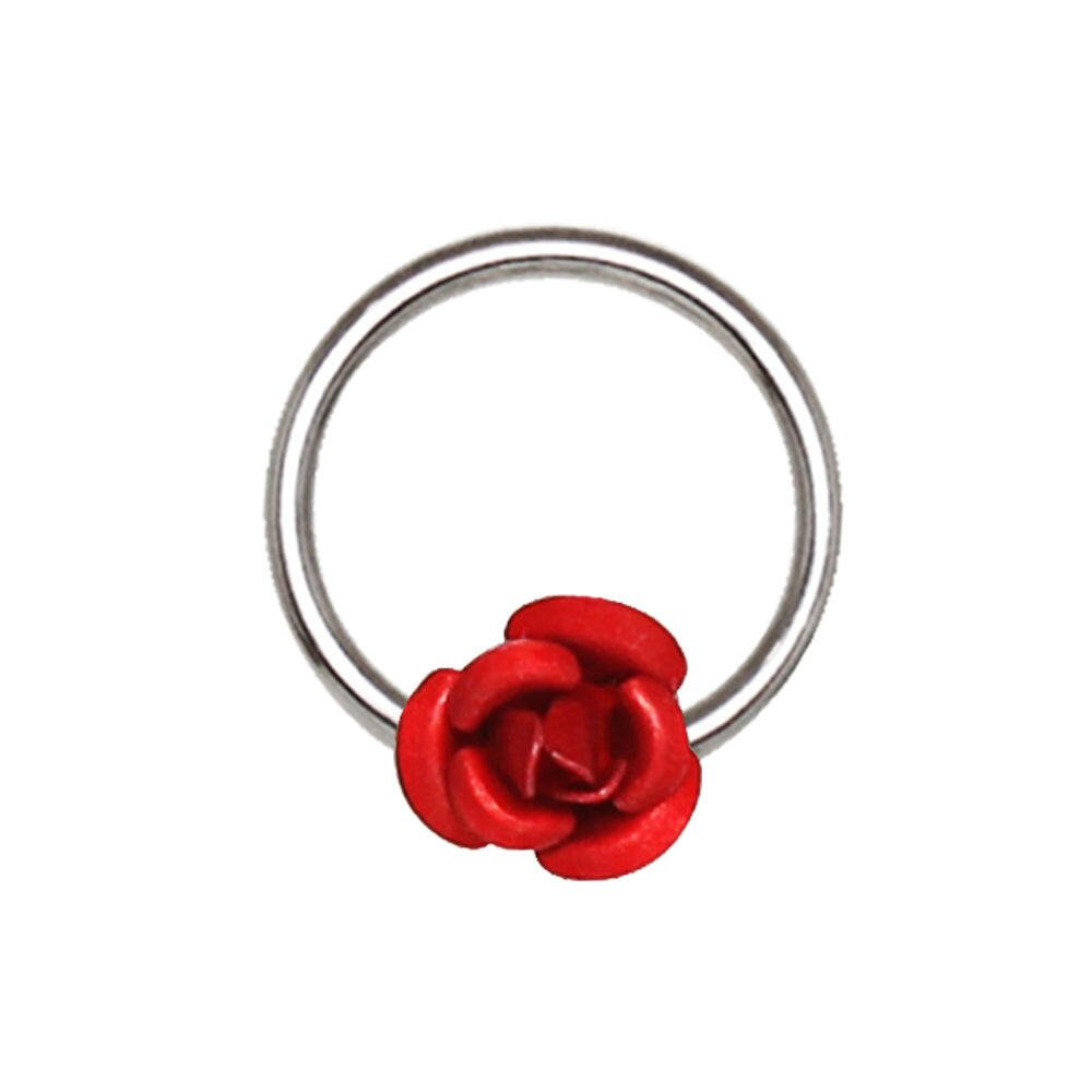 Stainless Steel Red Rose Snap-in Captive Bead Ring / Septum Ring.