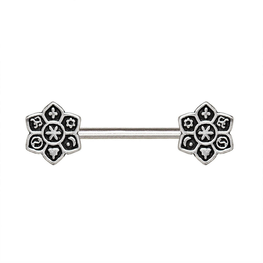 Stainless Steel Religious Symbols on Lotus Flower Nipple Bar.