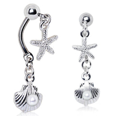 Stainless Steel Starfish and Pearl Seashell Double Dangle Navel Ring.