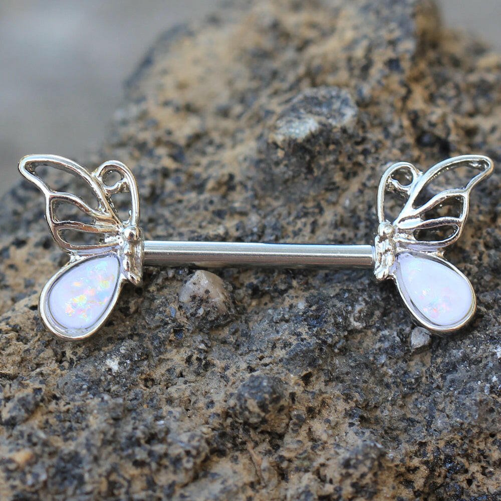 Stainless Steel Synthetic Opal Butterfly Nipple Bar - Impulse Piercings