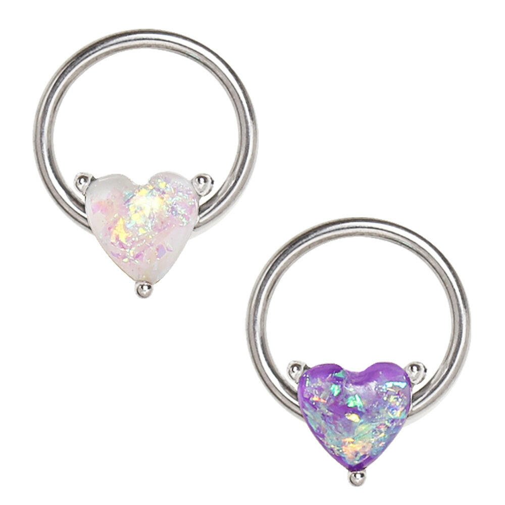 Stainless Steel Synthetic Opal Heart Snap-in Captive Bead Ring / Septum Ring.