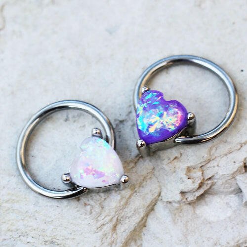 Stainless Steel Synthetic Opal Heart Snap-in Captive Bead Ring / Septum Ring - Impulse Piercings